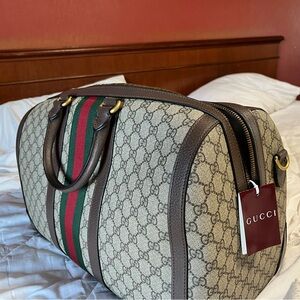 Gucci Signature Duffel Bag in Beige and Brown with Green and Red Accents